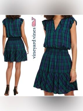 Vineyard Vines Blackwatch Smocked Ruffle Dress Large Charleston Green